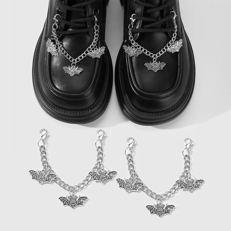 2Pcs Metal Retro Silver Bat Charm Chain Canvas Board Shoes Buckles Boots Halloween Decoration Creative Jewelry Shoe Charms