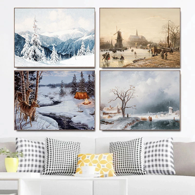 Winter Countryside landscape Glacier Snow Mountain Cabin Vintage Poster Canvas Paintings Wall Art Pictures Home Decor