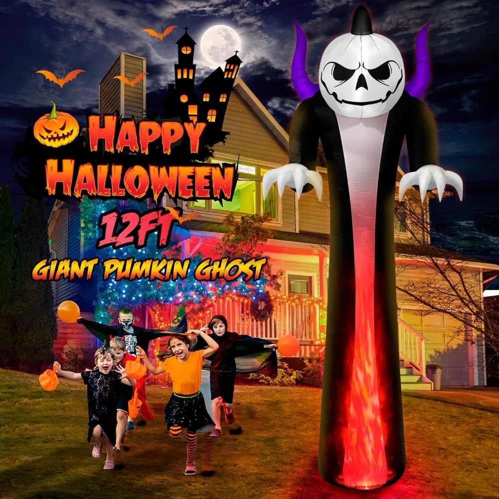 Reaper di zucca gonfiabile gigante per Halloween all'aperto con fantasma e spettacolo di luci a fiamma a LED a 3 colori