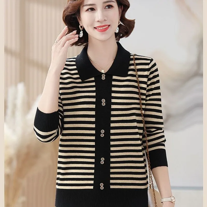 الخريف والشتاء فضفاض التلبيب المرأة النمط الغربي مخطط محبوك سترة طويلة الأكمام قاع قميص أعلى #3