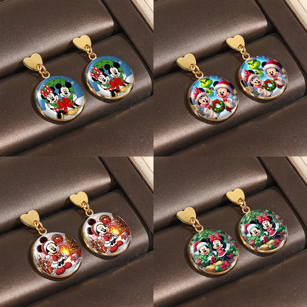 Disney Christmas Round Earring Mickey Minnie Earrings Mickey Mouse Christmas Hat Earstud Fashion Jewelry for Girl Christmas Gift