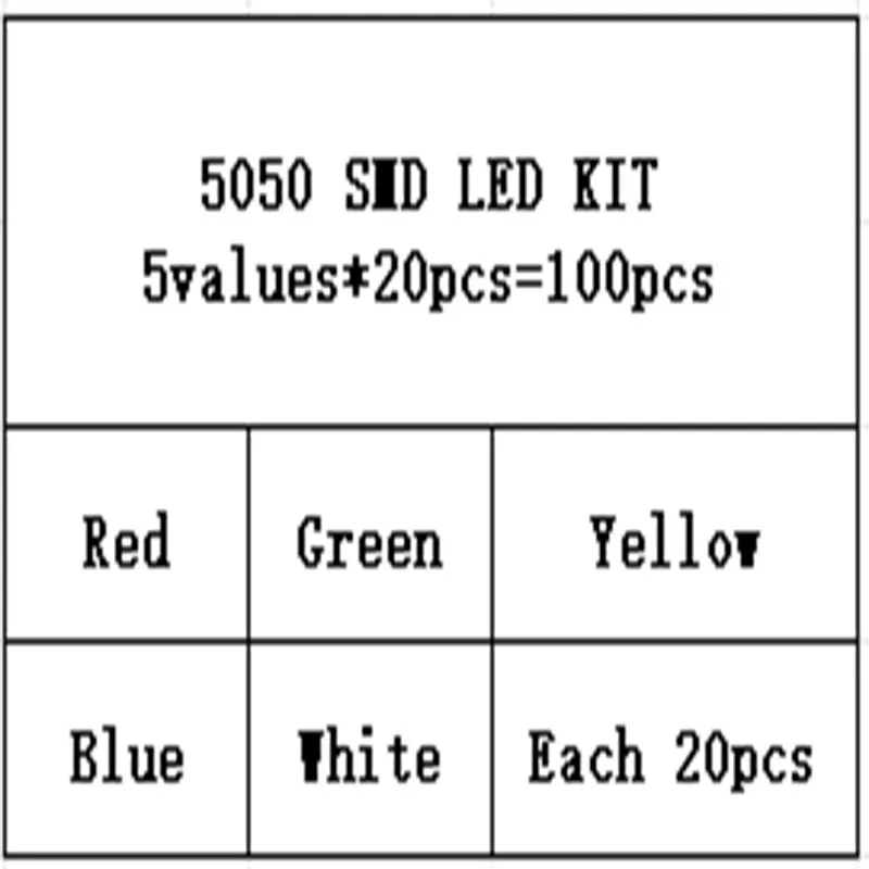 100pcs=5colors x 20pcs 5050 LED Diode SMD LED Diode Kit Green/ RED / White / Blue / Yellow