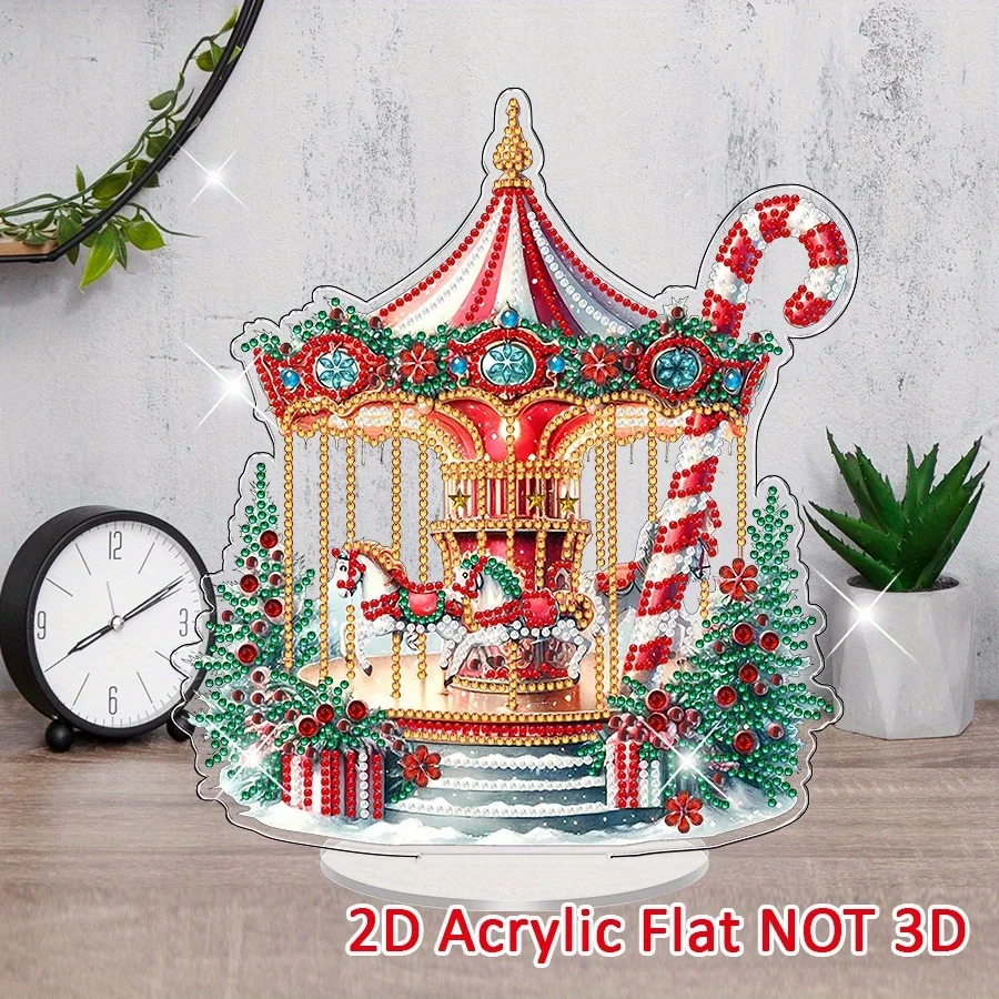 2D Flat Acrylic Christmas Rotating Carousel Diamond Painting Kit, 1pc 5D Special Shape Crystal Bright Local Diamond Art Painting
