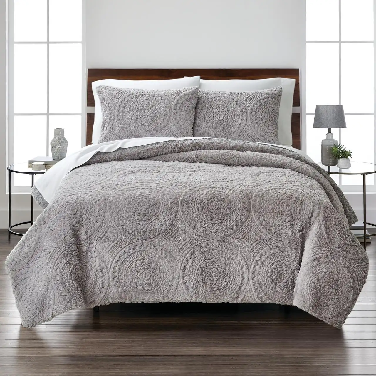 

3-Piece Grey Embroidered Faux Fur Comforter Set, Full/Queen