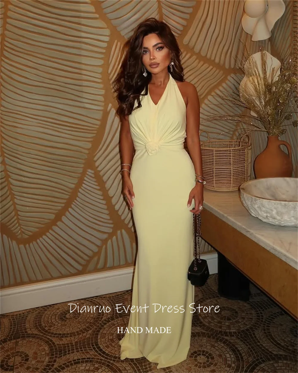 Dianruo Yellow Mermaid Evening Dresses Halter Pleated Robe De Soirée Femme Elegant Long Length Sleeveless Prom Gown Customized