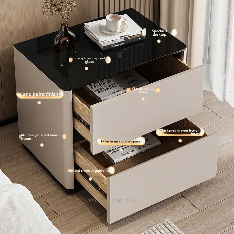 For all solid wood paint bedside table bedroom household bedside table tempered glass desktop