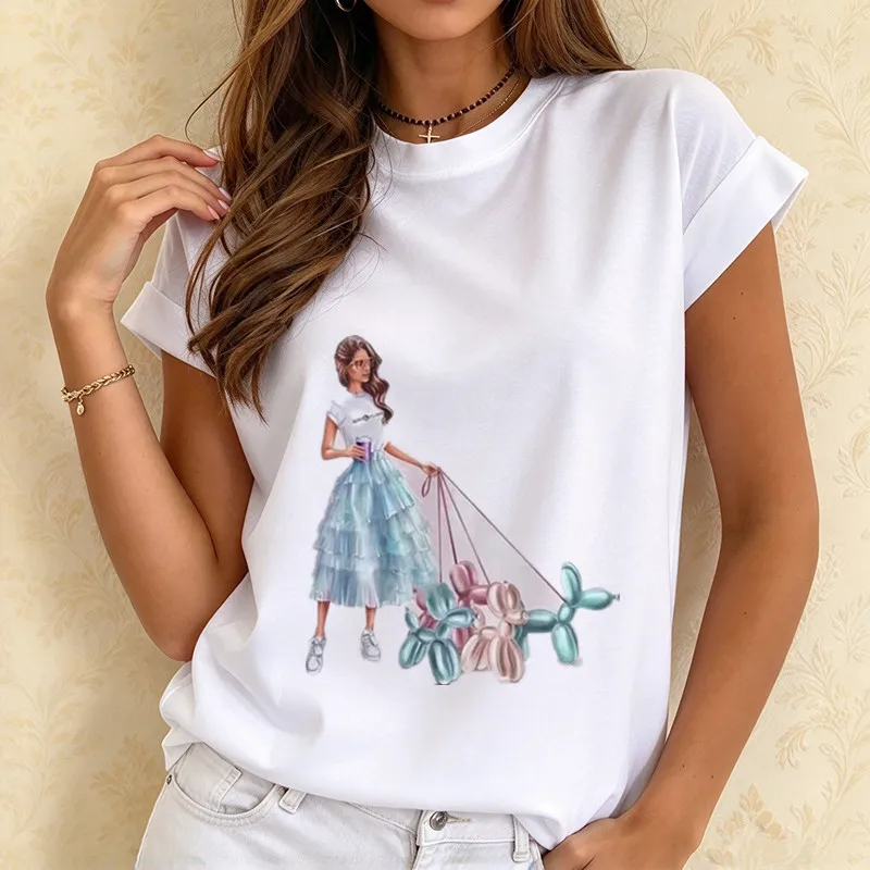 Cute Balloon Dog Girl Women's Tees Casual Short Sleeve Crew Neck White Tshirts Ladies Rainbow Rose Watercolor Ballerina T-Shirts