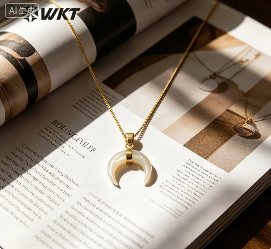 WT-JN147 Wholesale Hot Flash Bright Natural Mother Of Pearl Crescent Horn Necklace Real Gold Plated Bezel Tiny Shell Charm
