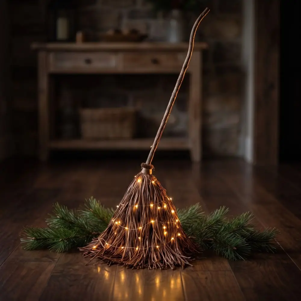 with Glowing Halloween Lighted Witch Broom Electric Rotating LED String Floating Broomstick Moving Broomstick