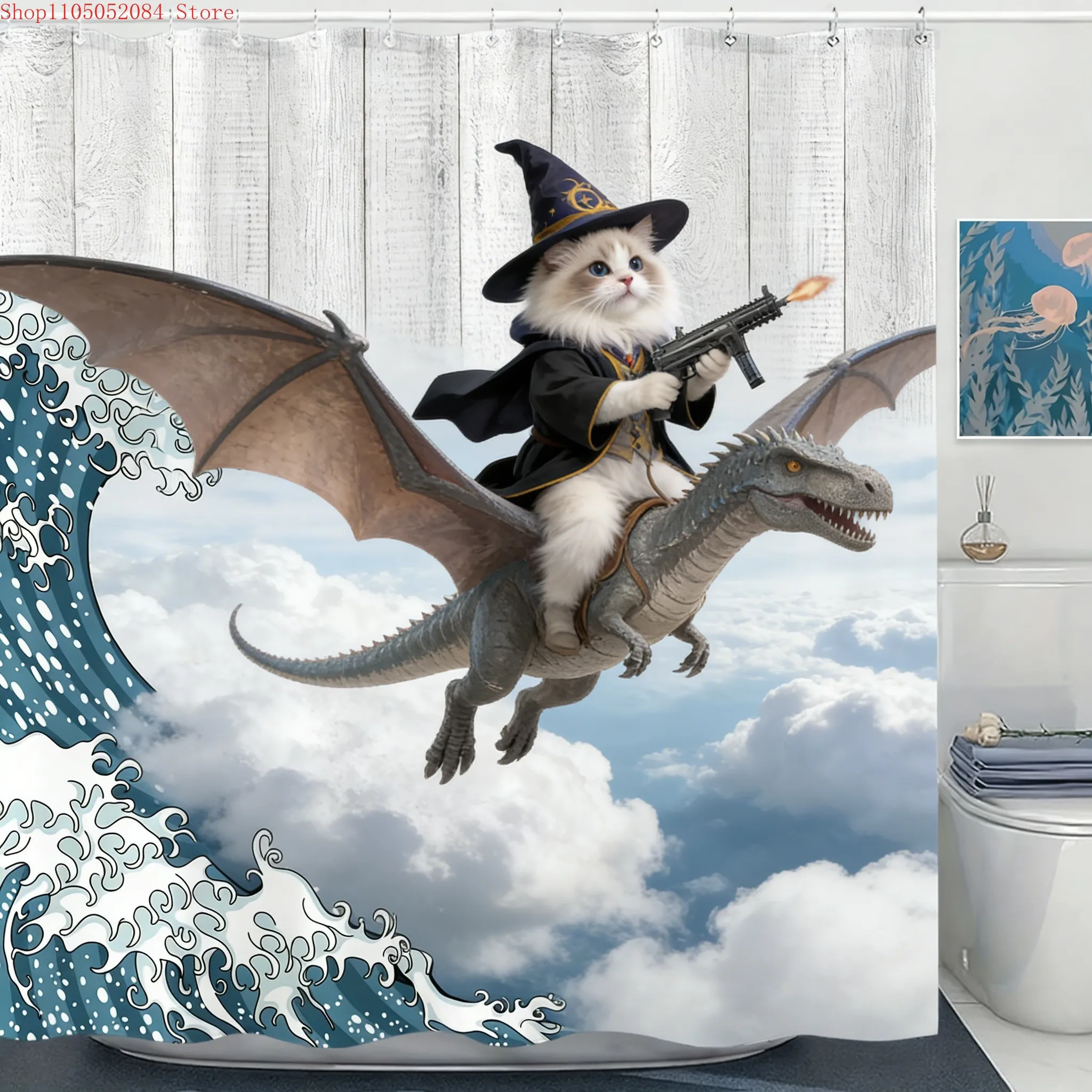 Wizard Cat Riding Dragon with Gun Great Wave off Kanagawa Waterproof Shower Curtain for Bathroom Decor