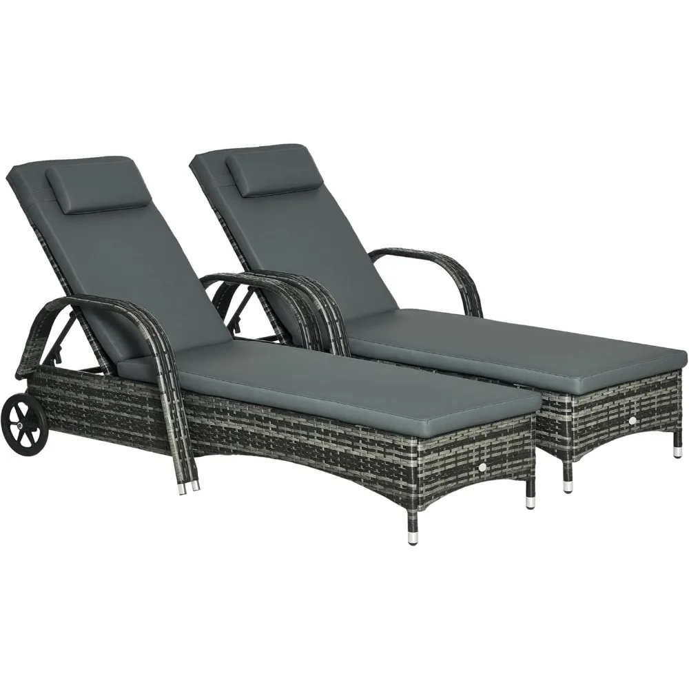 Conjunto de 2 espreguiçadeiras de vime para exterior, encosto ajustável de 5 níveis, espreguiçadeira de piscina de vime PE com rodas, almofada e encosto de cabeça,