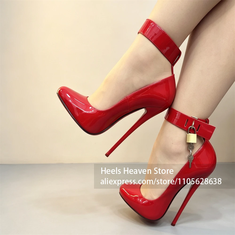 16cm Ultra-thin Super High Stiletto Heel Pumps Padlock And Key Pendant Decoration Lacquered Heel Shoes Themed Party Ankle Pumps