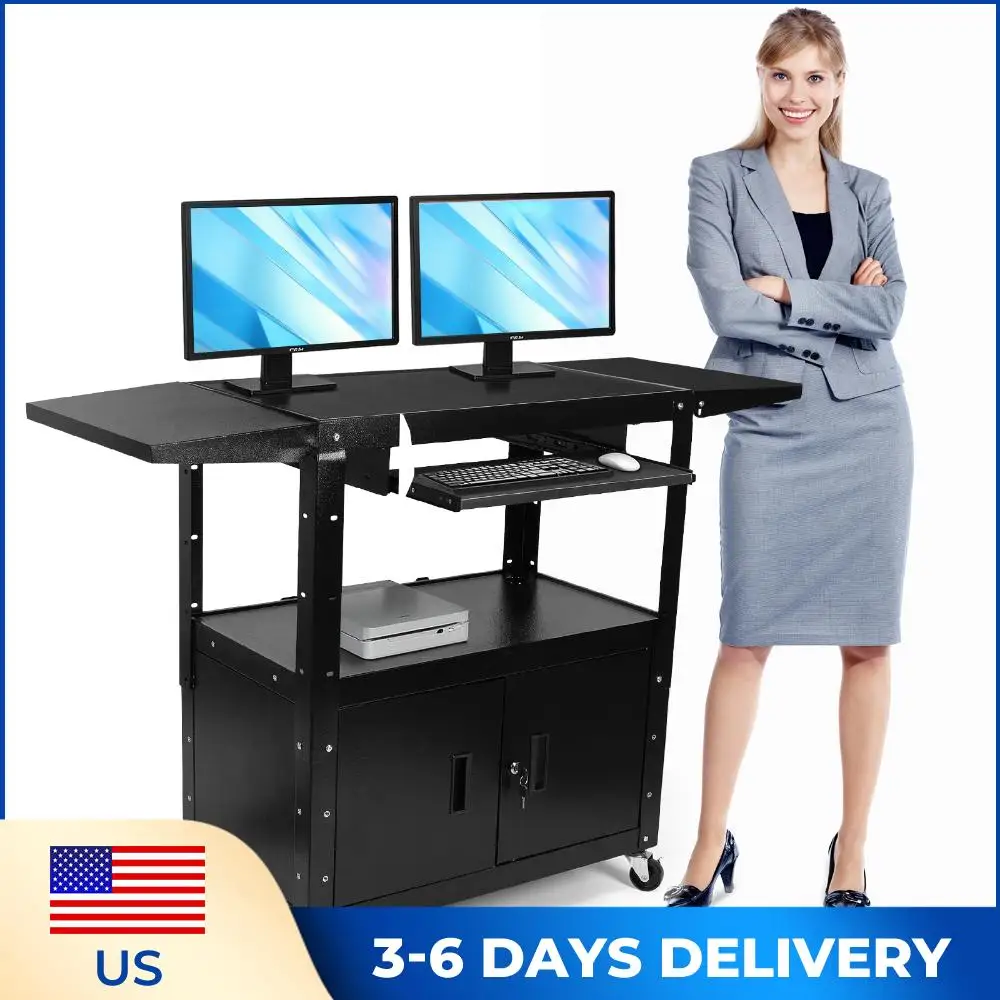 

Mobile AV Cart with Locking Cabinet Projector Cart Height Adjustable with Pullout Keyboard Tray & Cord Management for Office