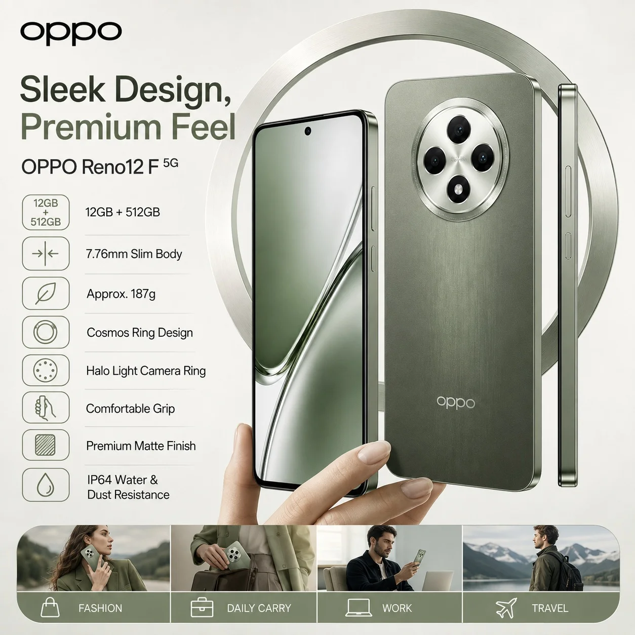 OPPO Reno12 F 5G Phone 12GB+512GB, Dimensity 6300, 120Hz OLED Screen, 50MP AI Triple Camera, 5000mAh, 45W SUPERVOOC, NFC view 5