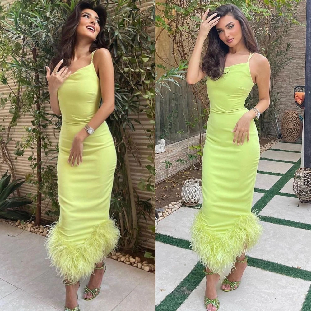 Customizeds Feather Cocktail Party A-line Off-the-shoulder Bespoke Occasion Dress Ankle Length Prom Dresses