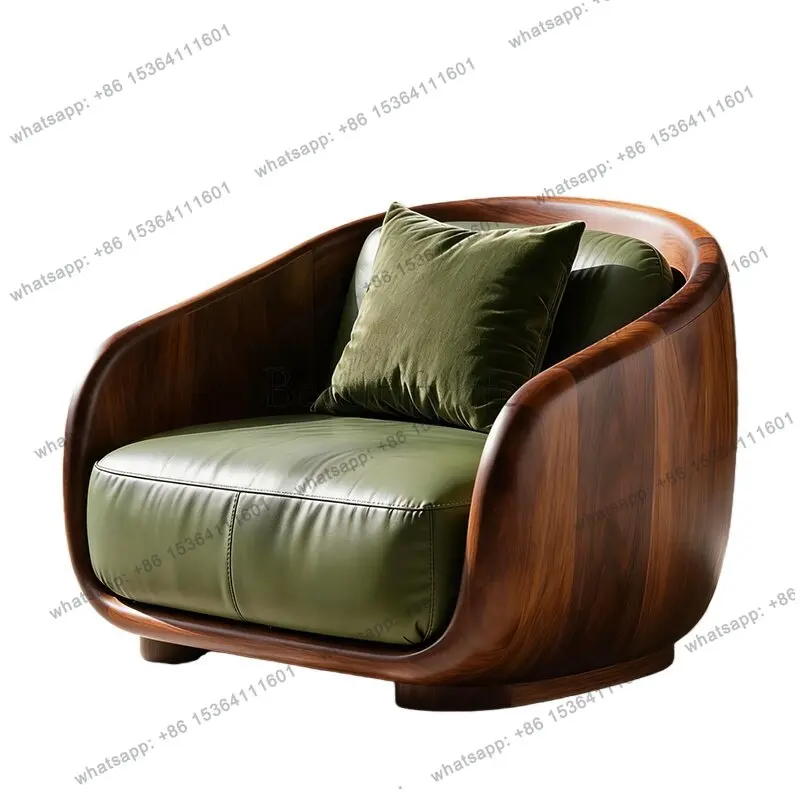 

Light luxury black walnut sofa single green leather modern simple high-end crescent bag shape