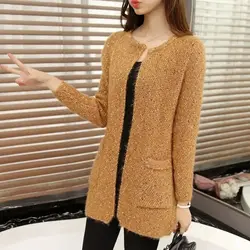 Women's Clothing Crew Neck Spring Autumn Contrast Color Long Sleeved Sweater Knitted Cardigan Pockets Casual Elegant Coats Tops