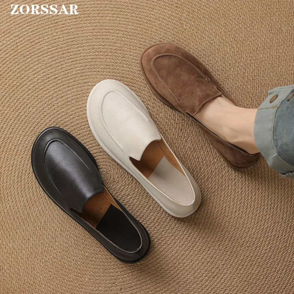 

Suede Loafers Women 2026 New Spring Round Toe One Foot Slip-on Shoes Women Genuine Leather Soft Flats Shoes Women
