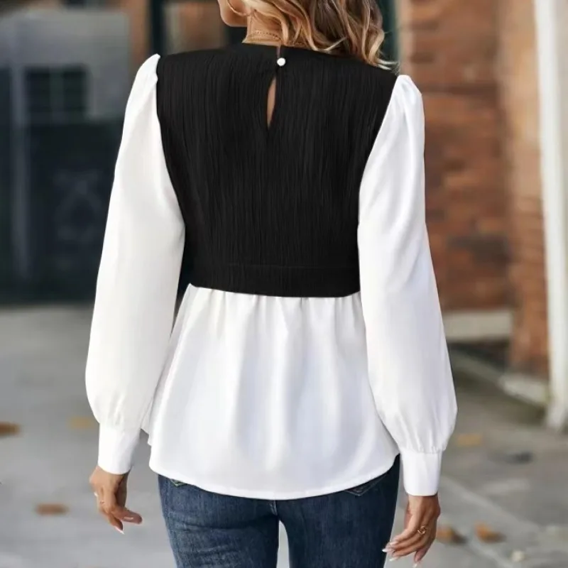 Spring and Autumn Women's Pullover Round Neck Long Sleeve Solid Button Panel Asymmetric Office Lady Fashion Casual Bottom Tops