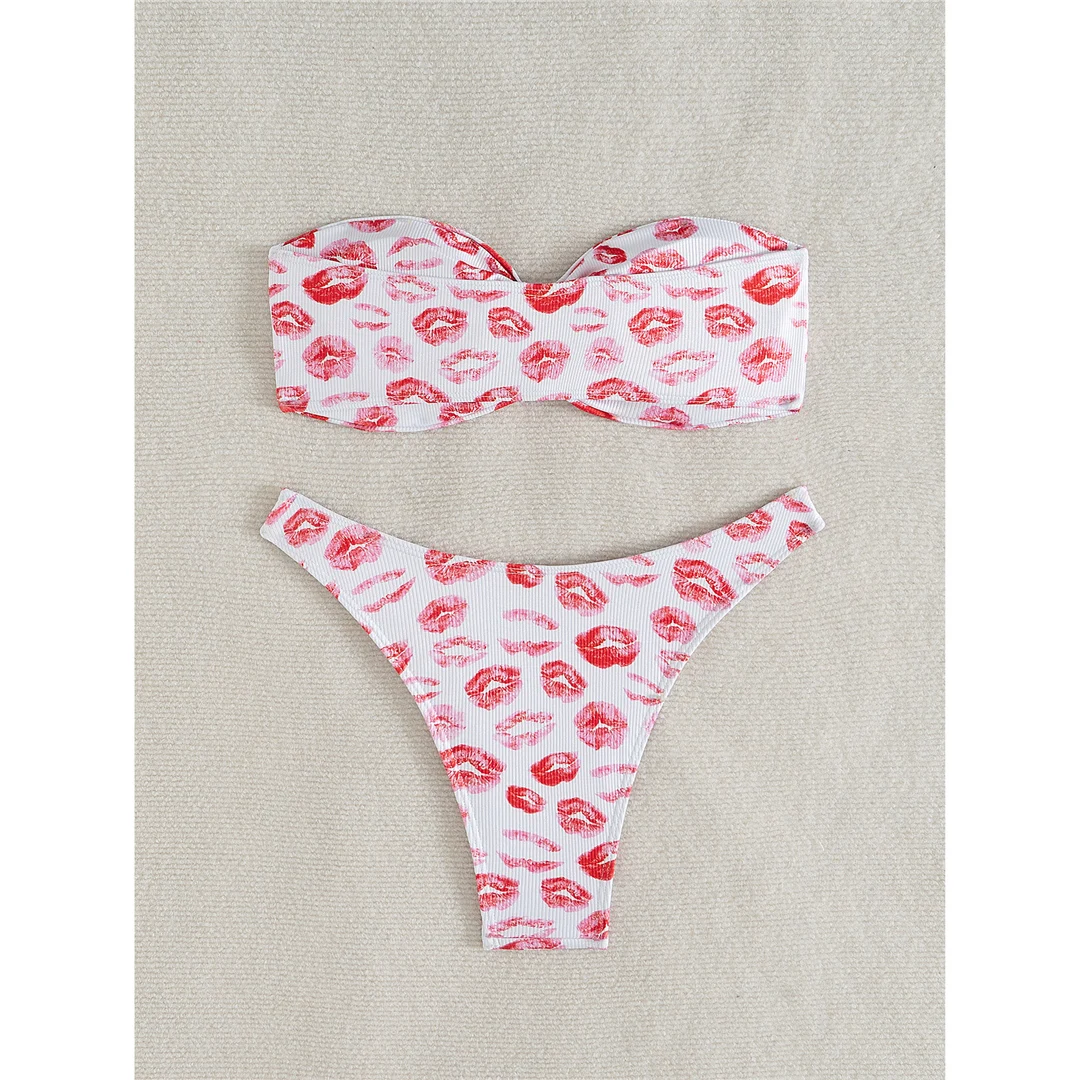XS - L Bedruckter, ausgeschnittener Bandeau-Bikini, Damen-Badeanzug, zweiteiliger Bikini-Set, Badebekleidung, Badeanzug, Schwimmbekleidung V6496 – Detail 10