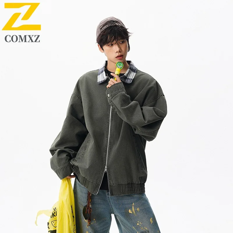 

COMXZ Men's Jacket Plaid Two Sides Wear Spring Autumn New Stand Collar Lightweight Reversible Casual Trend outdoor sports Coat