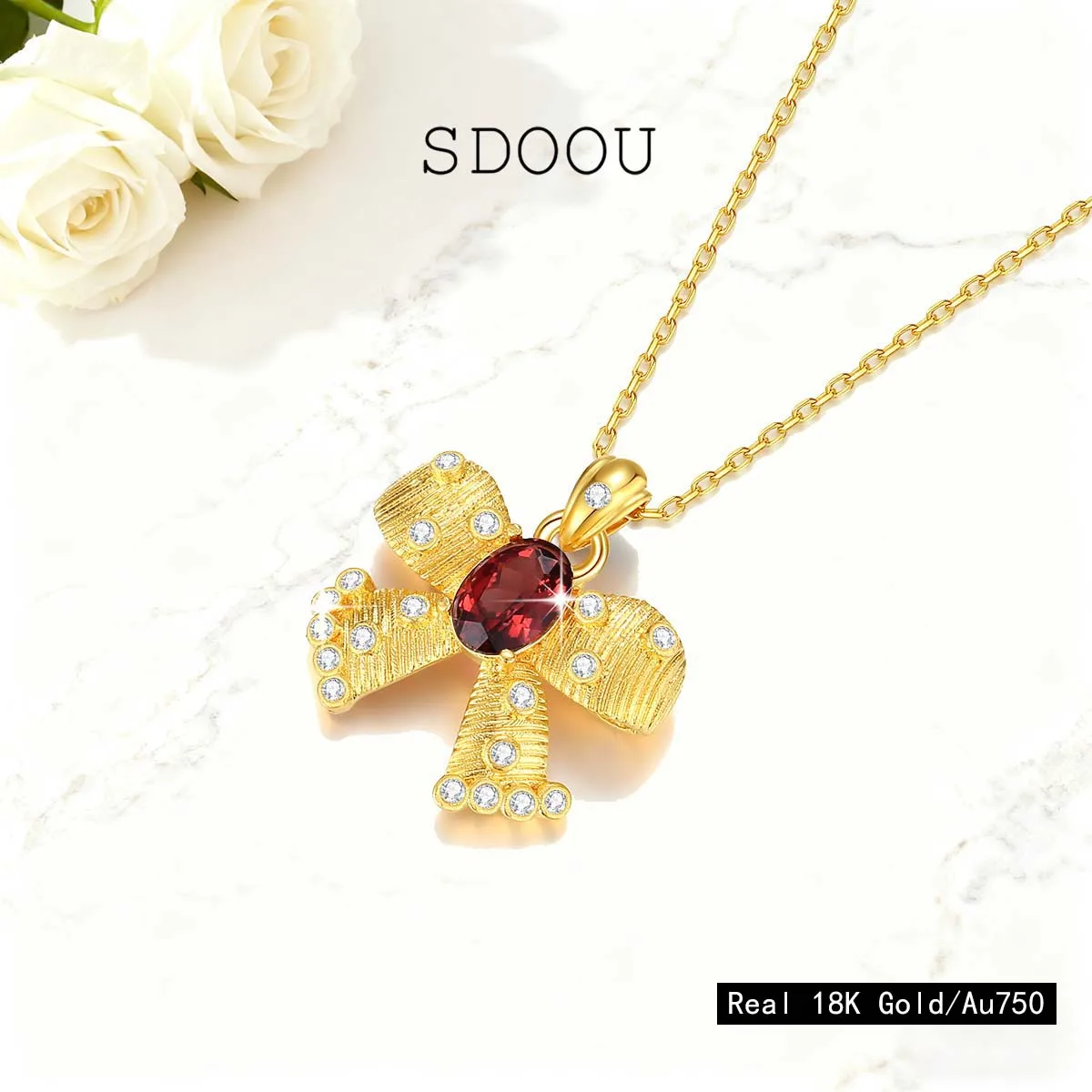 

SDOOU Cute Bowknot Naturel Garnet Pendant Real 18K Gold Au750 Necklaces Chain Jewelry Oval Cut for Women Birthday With Gift Box