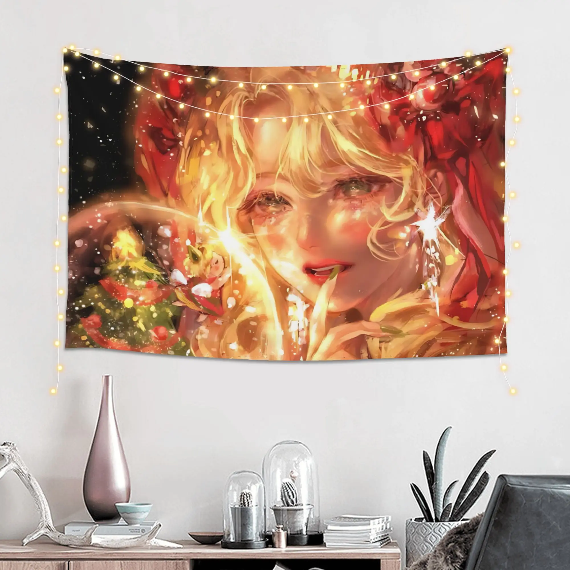 Golden Light Anime Christmas Girl Customized Tapestry Bedroom Decoration  Wall Hanging Blanket Tapestry Cool Stuff For Room