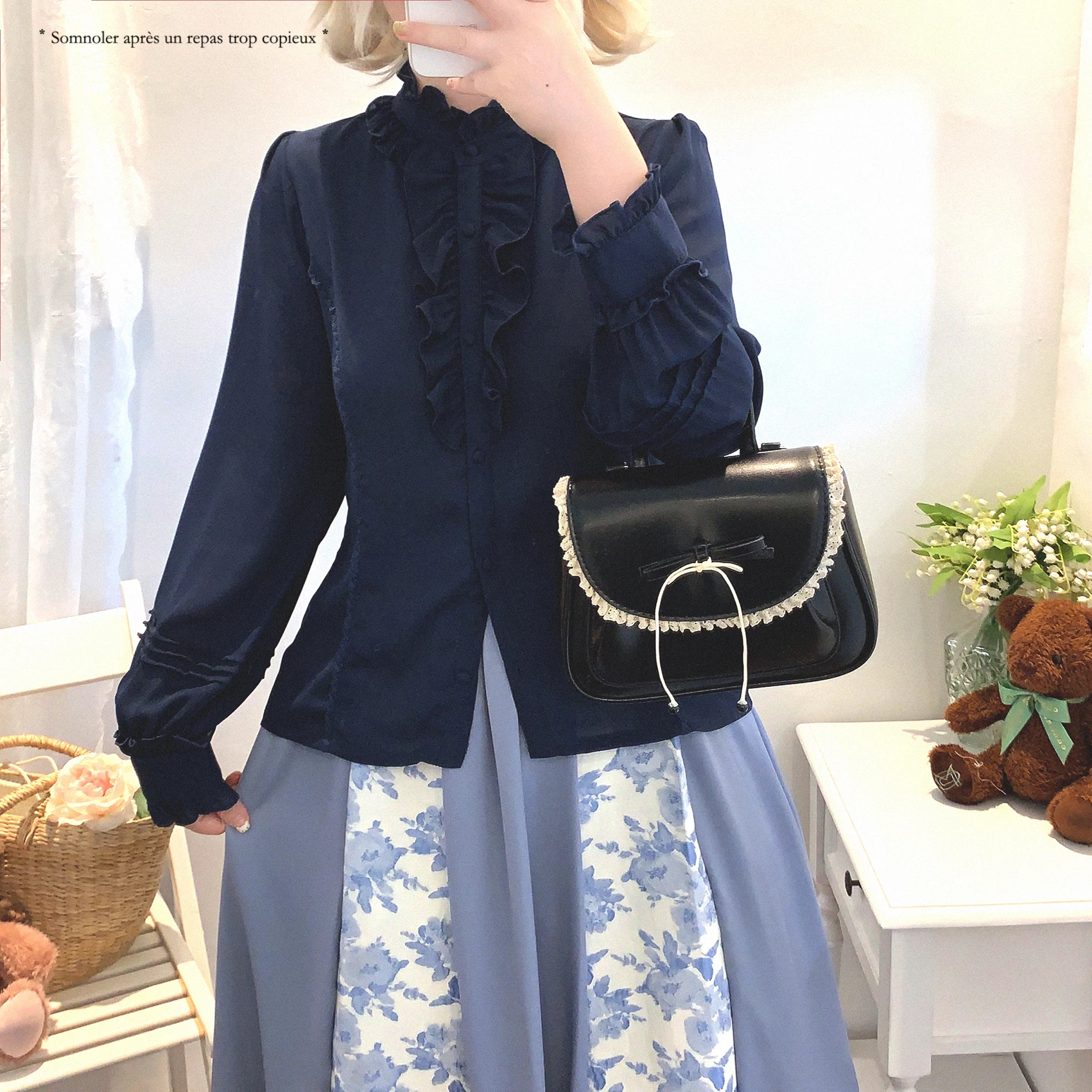 Japanische Elegante Retro Stehkragen Rüschen Spleißen Lange ärmeln einreiher Süße Lose Vielseitige Shirts Tops Frauen Sommer