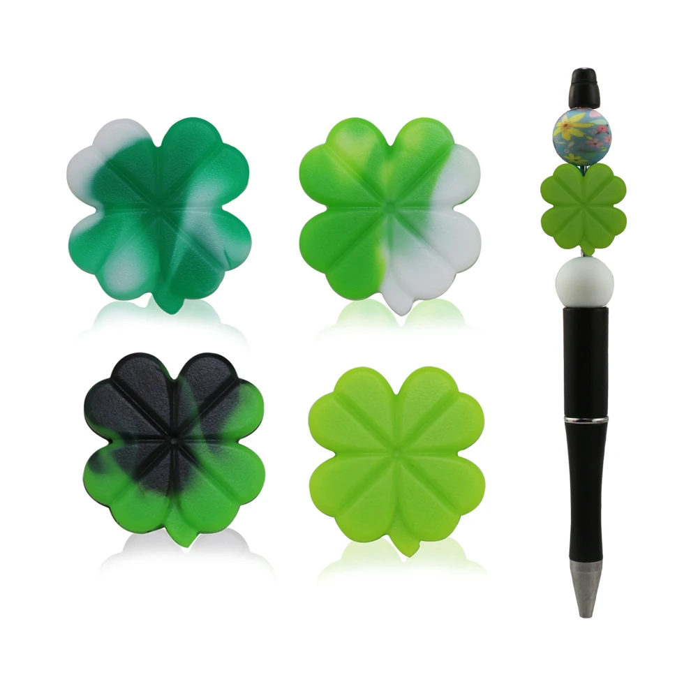 

100Pcs 2024 Spring New Patrick's Day Clover Silicone Beads Shamrock Leaf Character Focal DIY Nipple Chain Jewelry Accessories