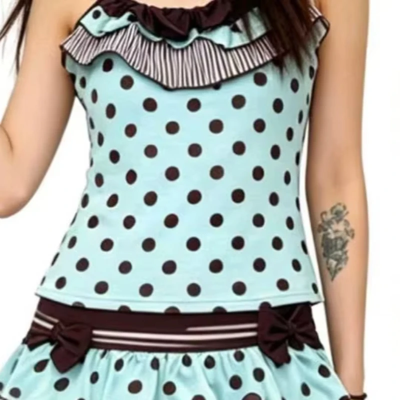 Pink CONTRAST COLOR Y2K Summer Sweet Cute Retro Printed Vest Harajuku Bow Polka Dot High Street Fashion Casual Street Clothes