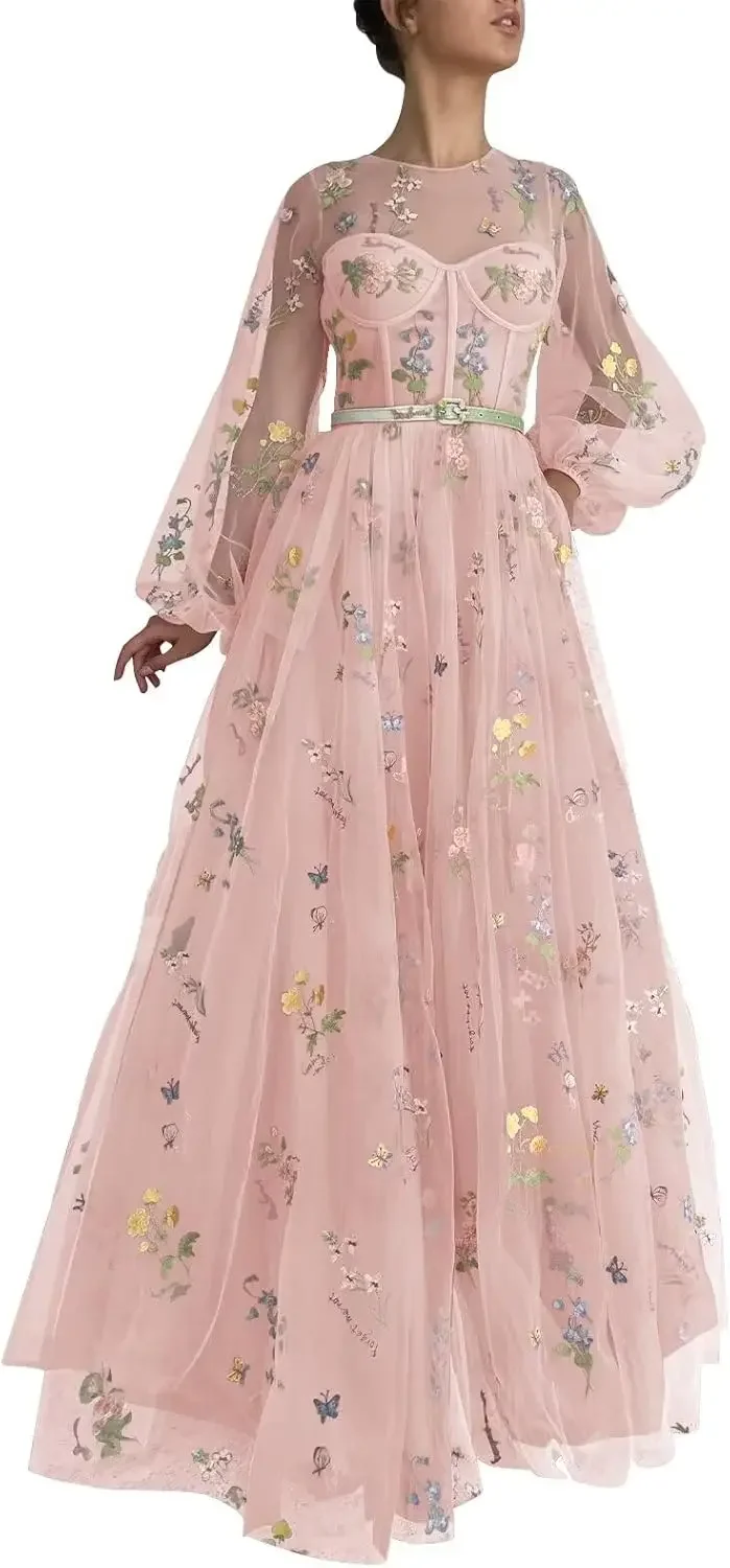 Vestidos de fiesta de noche formales largos con bordado de flores con bolsillos Manga larga de encaje Vestidos de fiesta de tul con mangas abullonadas para mujer