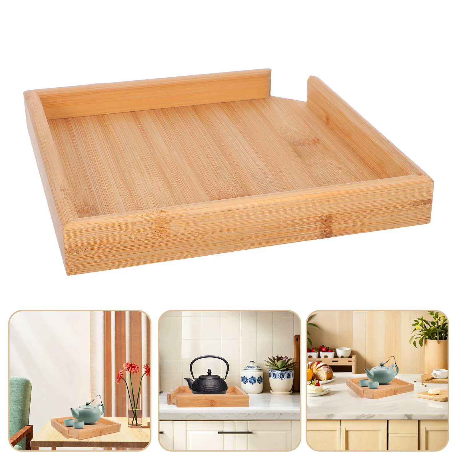 Bamboo Tea Tray Square Smooth Polished Eco Friendly Raised Edges Tea Plate Teaboard Multifunctional for Home Office Hotel