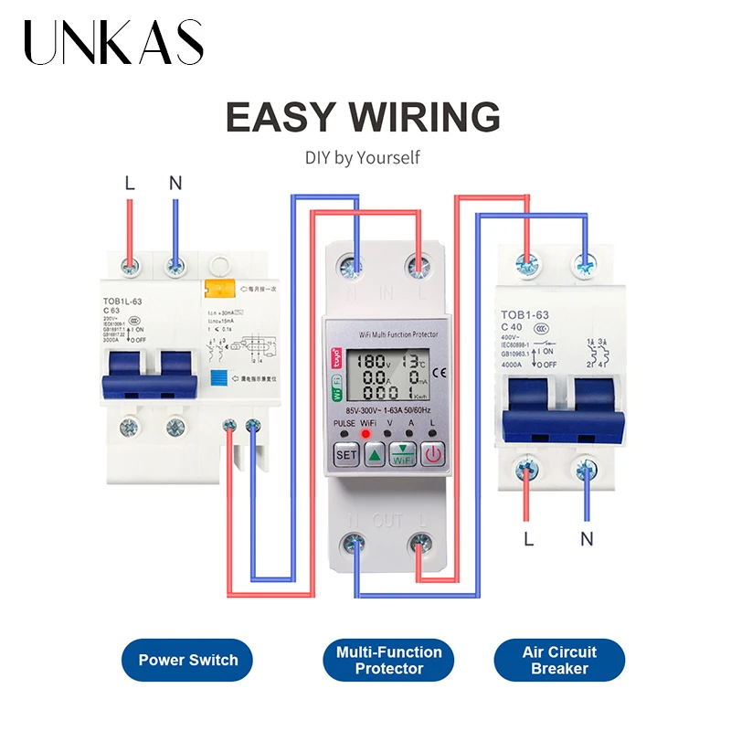 UNKAS Tuya WIFI Breaker Overvoltage / Undervoltage / Leakage Multifunction Protection Alexa Google Smart Switch Prepaid Meter