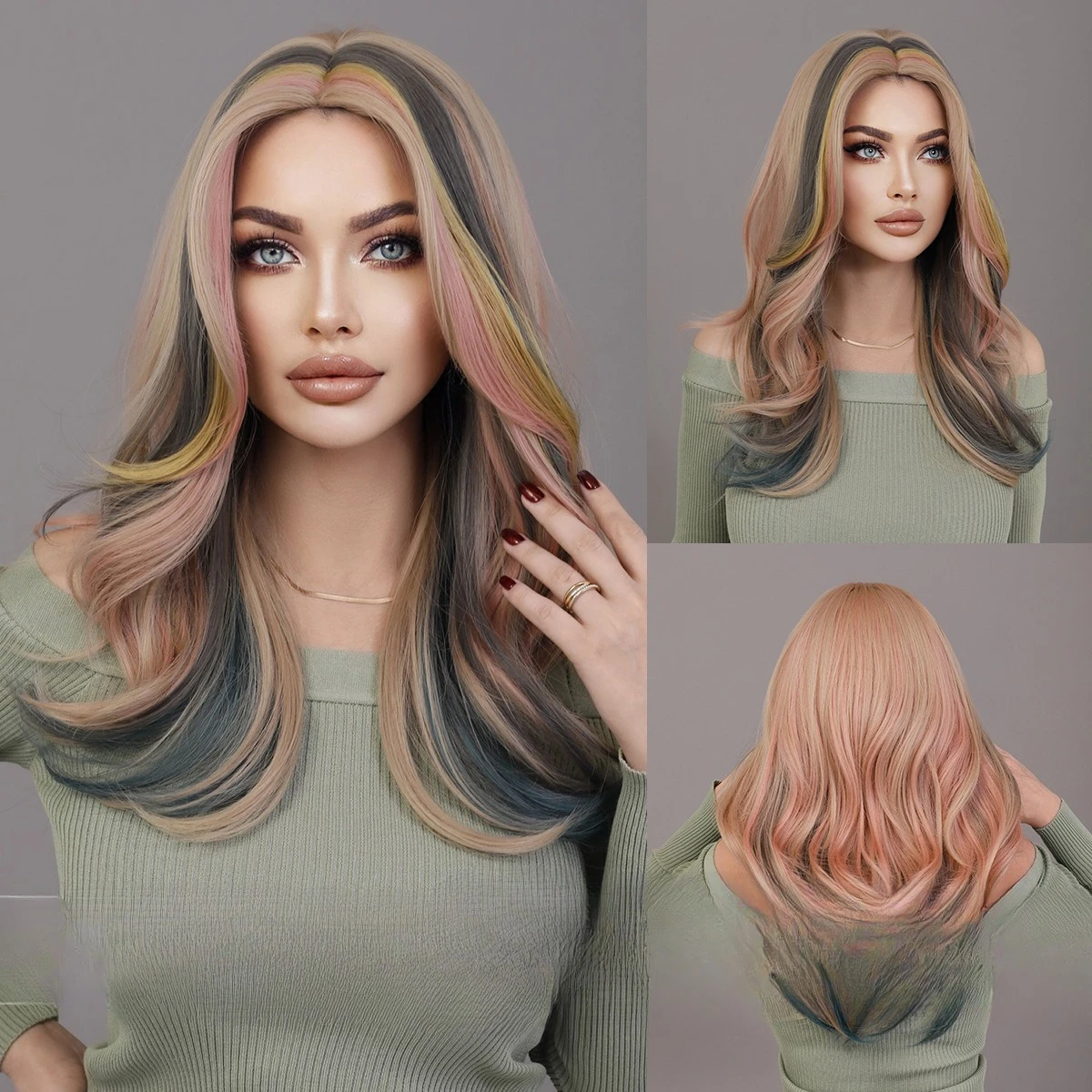 

Colored Long Curly Wigs Middle Part Wavy Synthetic Hair Wigs