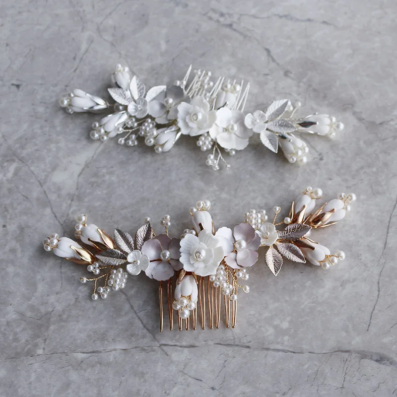 Gold Silver Color Bridal Hair Comb Piece Hand Paited Floral Wedding Jewelry Handmade Women Accessories