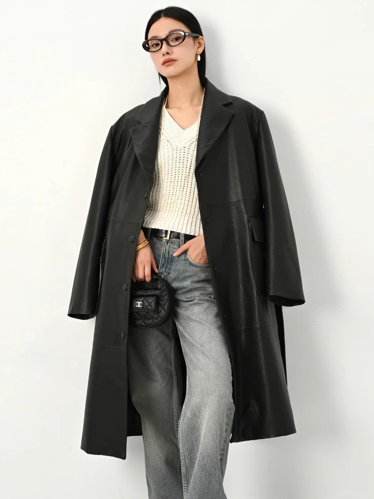 Lange lederen donsjassen met veters voor dames Herfst Winter High-end eenvoudige zwarte echte schapenvacht witte ganzendonsjas