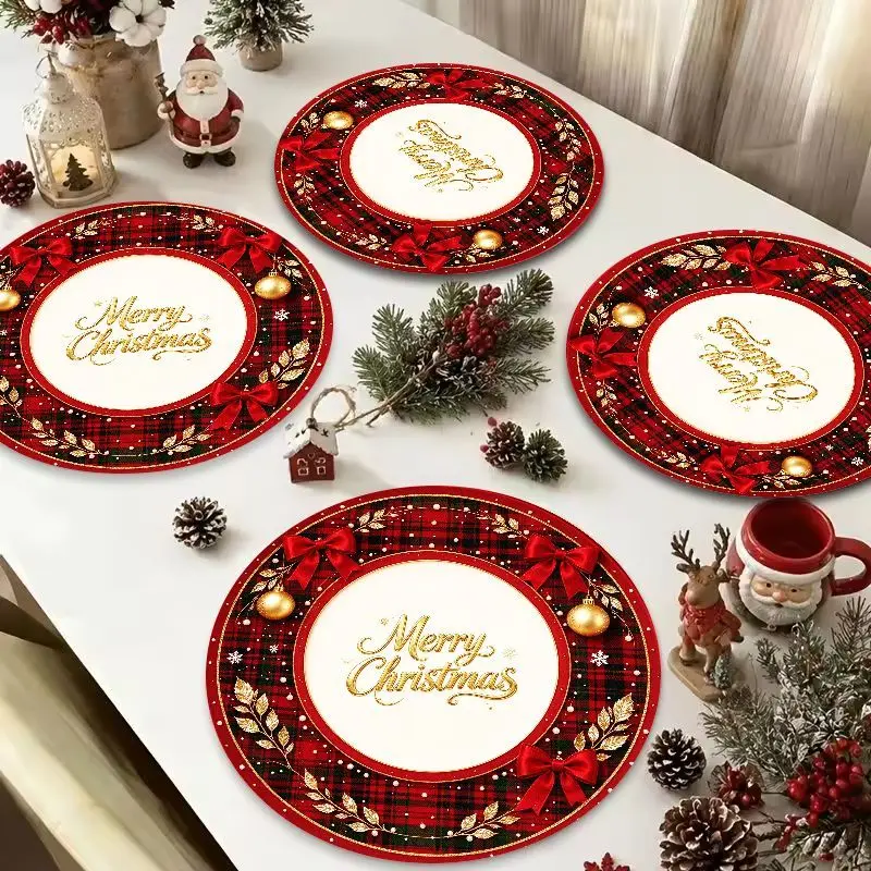 VIKAMA Snowy Village Night Check Round Placemat, 1 Design, Table Mat for Kitchen Dining Party