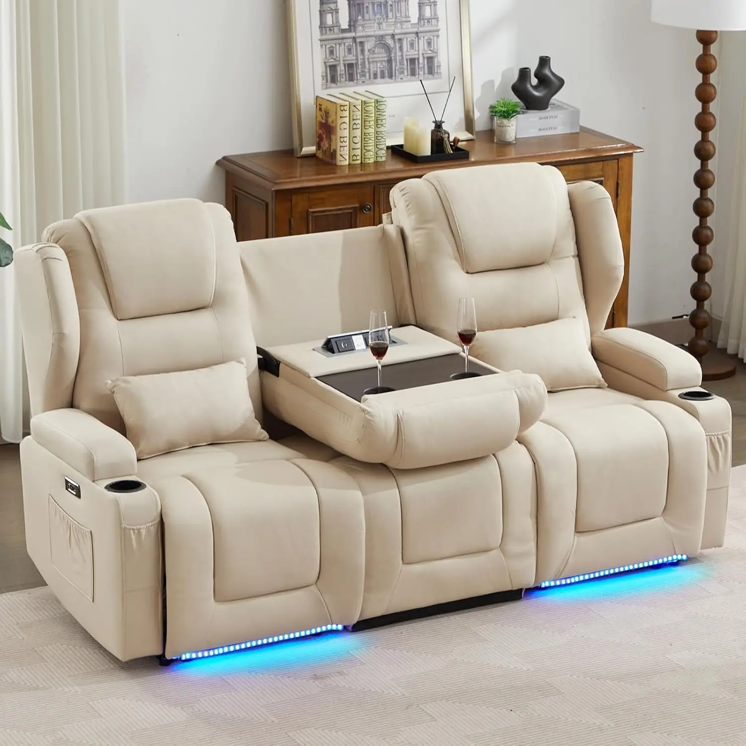 Power Loveseat Recliner Sofa with Adjustable Split Back, Multi-Port Charger, Flip-Up Backrest & LED Lighting - Home, Customized
