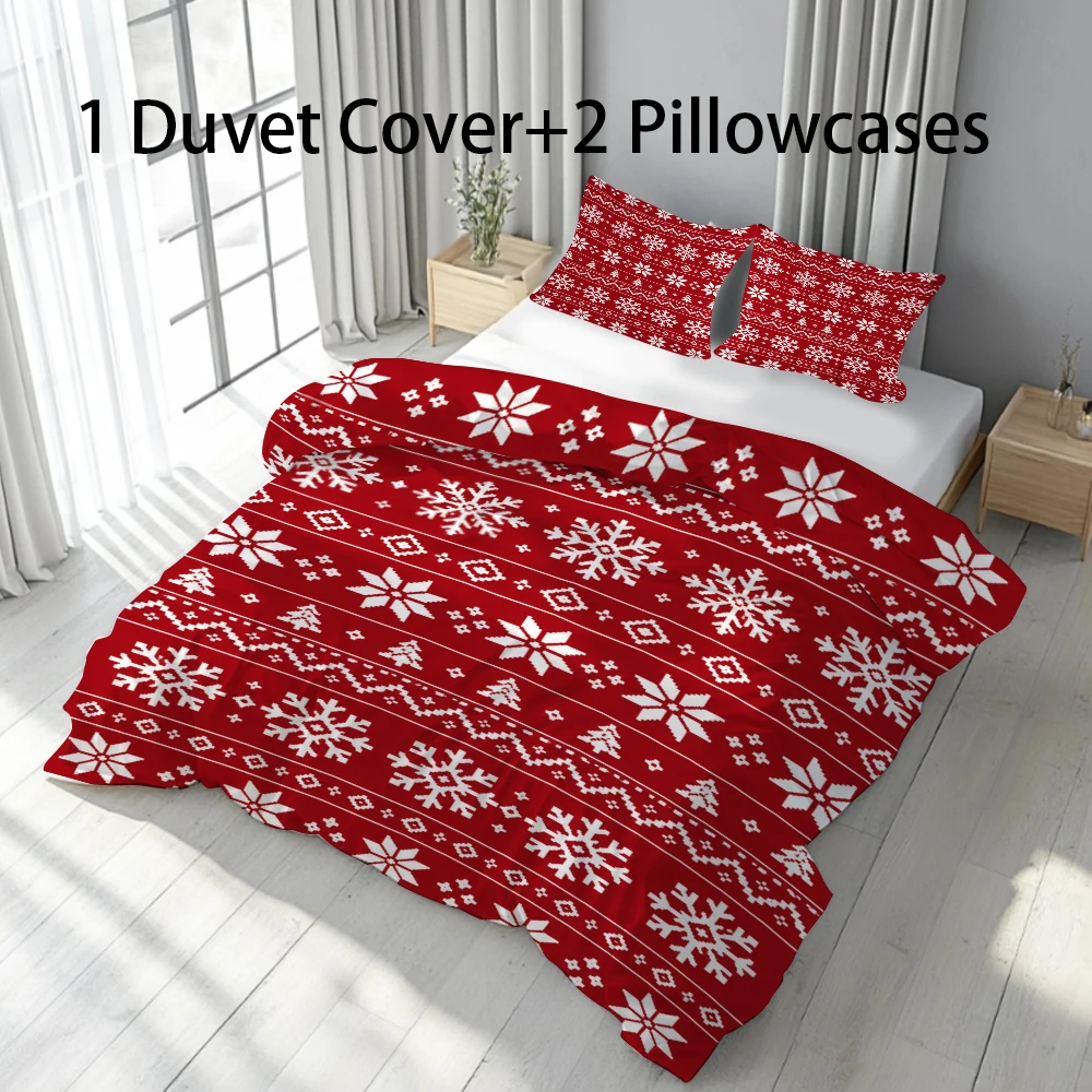 Christmas Red Duvet Cover Set Snowflake King Size 3 Pieces,Red Bedding Set Holiday Home Decoration Gifts