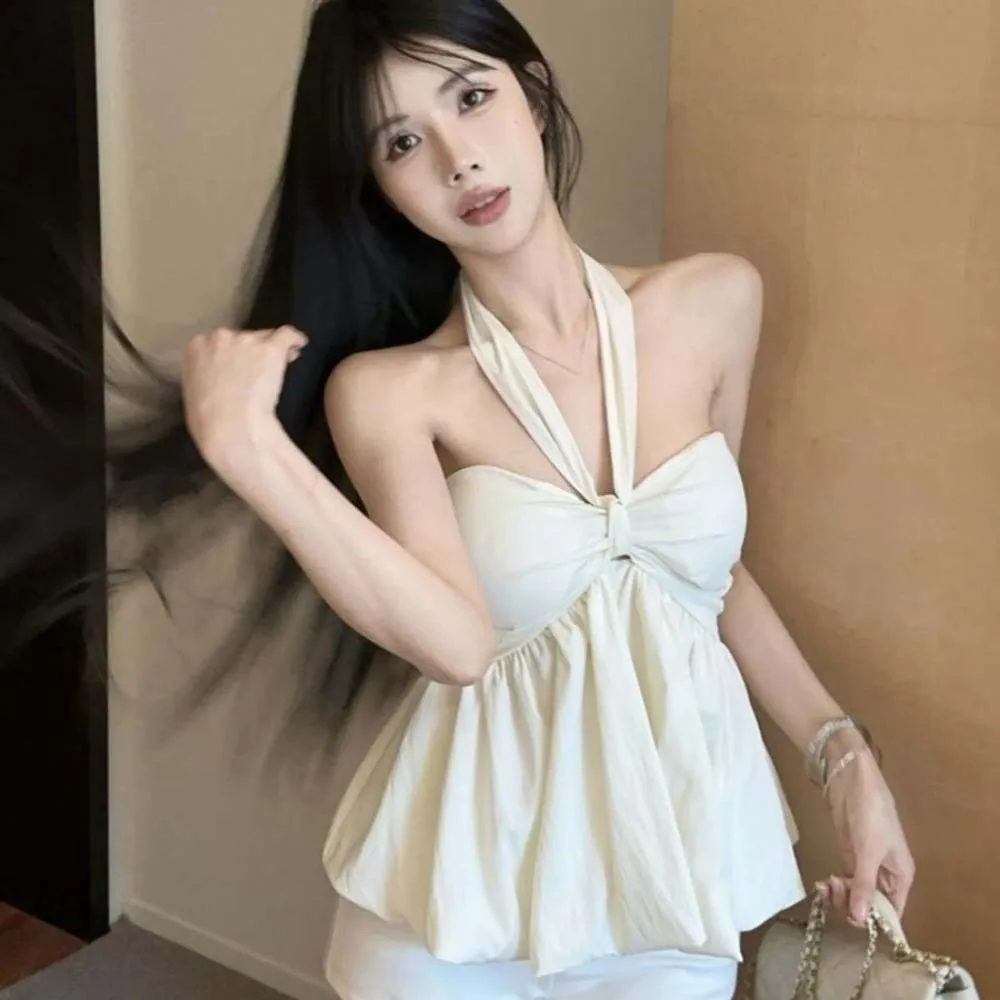 

Sleeveless Lace-up Camisole Halter Pleated Halter Bow Vest Tops Beach Wear Spice Girls Vest Women's Crop Top Club Party