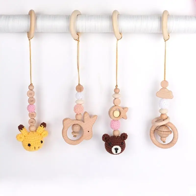 

54DF 4 Pcs Baby Gym Frame Pendants Crochet Rattle Wooden Teether for Infant Newborn