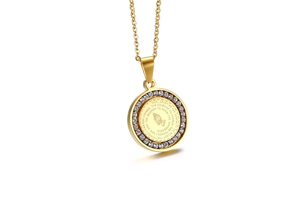 Mprain bow Herren Bibel Vers Gebet cz Halskette christlichen Schmuck Edelstahl beten Hände Münze Medaille Anhänger Halsketten – Detail 2