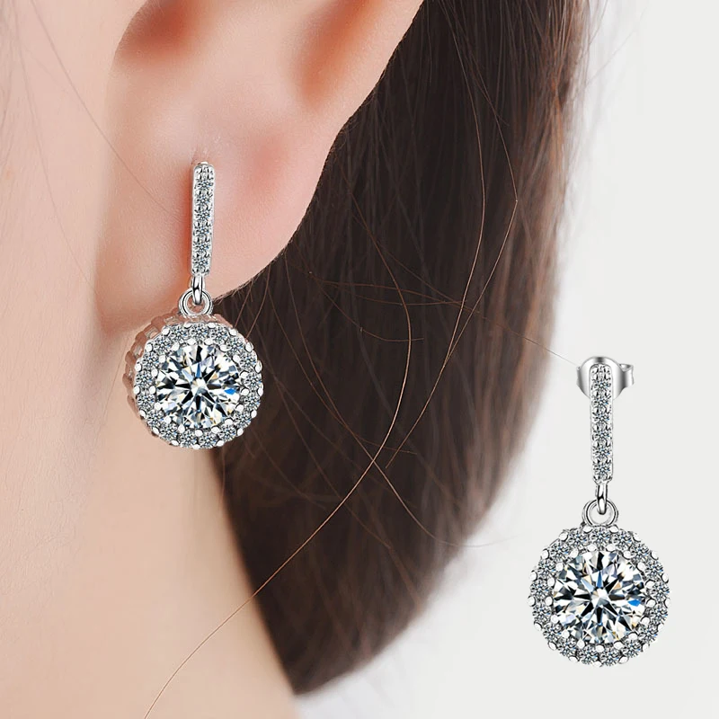 New Fashion Round AAA Zircon Drop Earrings 925 Sterling Silver Women Fine Jewelry Circle Rhinestone Shake Pendant Ear Stud Gift