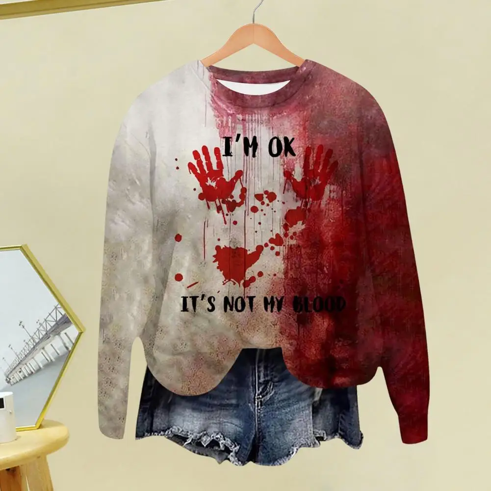 Women Jumper Women's Halloween Bloodstain Print Sweatshirt Haunted House Cosplay Top with 3d Design Round Neck Long for Spooky