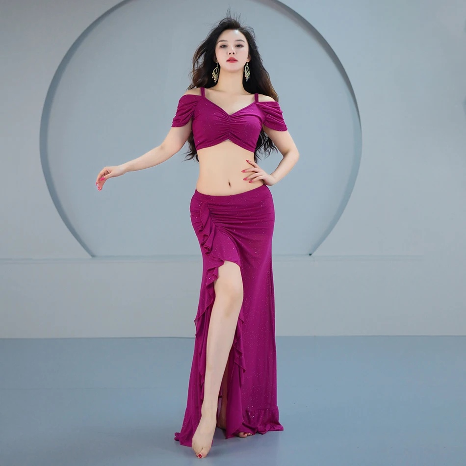 Buikdansvoorstellingskostuums voor vrouwen 2-delige set top + rok enkele split sexy prestatiekostuum danskleding outfit pak