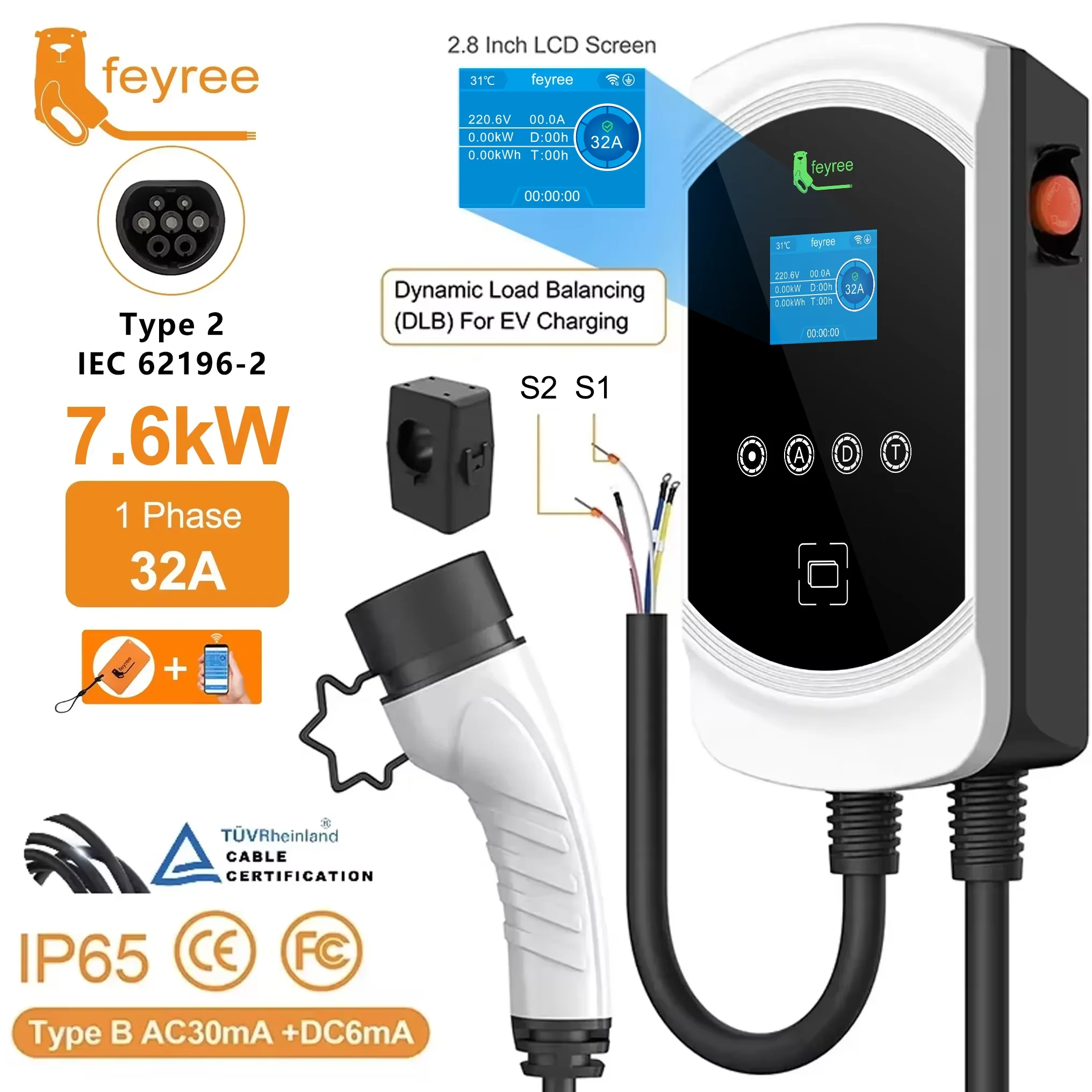 Feyree EV-Ladegerät Typ2 32A 7,6KW 1P Dynamisches Lastausgleichsmodell 11KW 22KW 3P EVSE Wallbox Smart WIFI APP-Funktion für Elektroautos