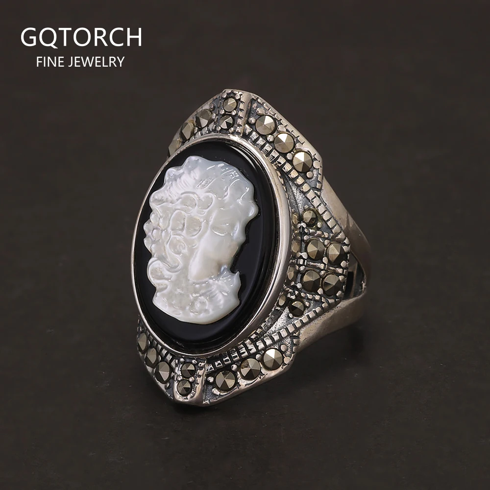 925 Sterling Silver Queen Lady Antique Cameo Ring for Women Oval Black Onyx White Shell Pearl Adjustable 5-8 Vintage Jewelry