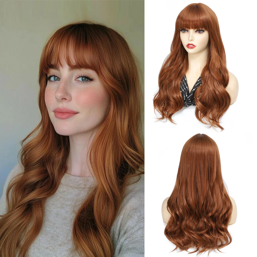 26 Inch Long Wave Wigs for Women Synthetic Heat Resistant Fiber Copper Red Wigs with bangs Auburn orange wig Daily Party Cosplay