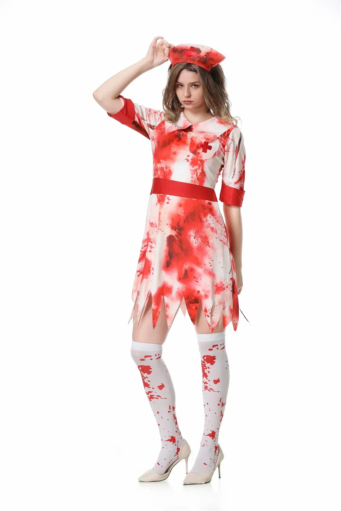 Halloween Cosplay Blutiger Zombie Krankenschwester Kleid Gruseliges Maskerade-Kostüm für Erwachsene