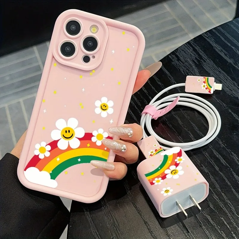 5pcs Fashionable Pink Phone Case Set + Charging Cable Protector for iPhone (Compatible with 11/12/13/13/14/15/16 Pro Max)